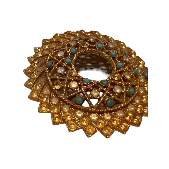 Sarah Coy Signed Vintage Amber Turquoise Rhinestone Gold Costume Brooch Pin - Picture 2 of 9